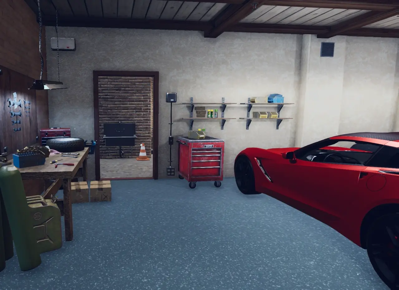 Crime Scene Cleaner Circle of Friends garage area showing door to the left of red car where first CD is found.