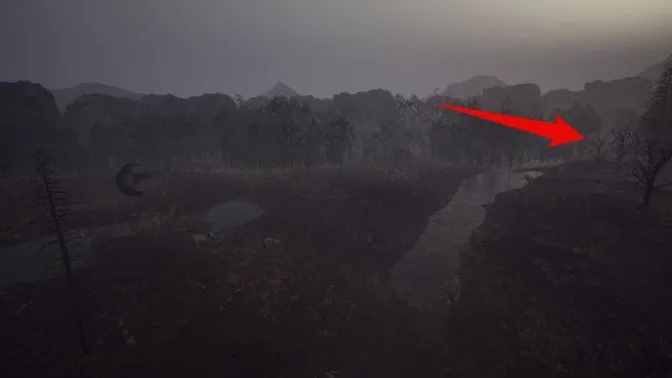 Dinoblade Sword 6 embedded in a swamp rock near dead Sauropod