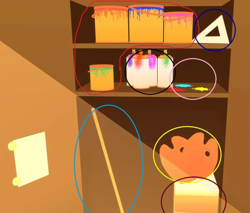 HoloTrials: Case Covered Mumei Closet items including paint cans palettes and storage boxes