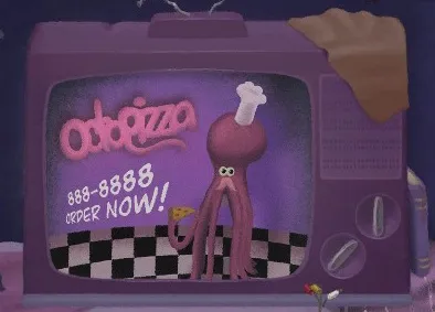 House 2 commercial broadcast on Melody TV displaying the OctoPizza hotline number