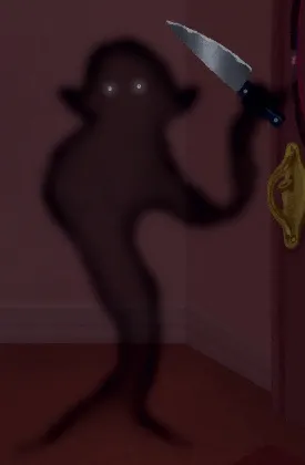 House 2 animated wooden coat rack monster pursuing Tabby through dark hallway