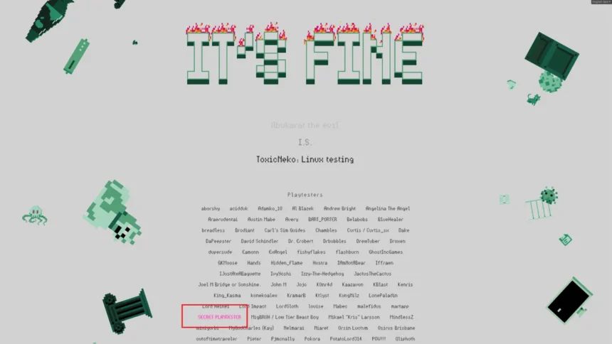 Spotting the clickable secret playtester name in the end credits of It's Fine