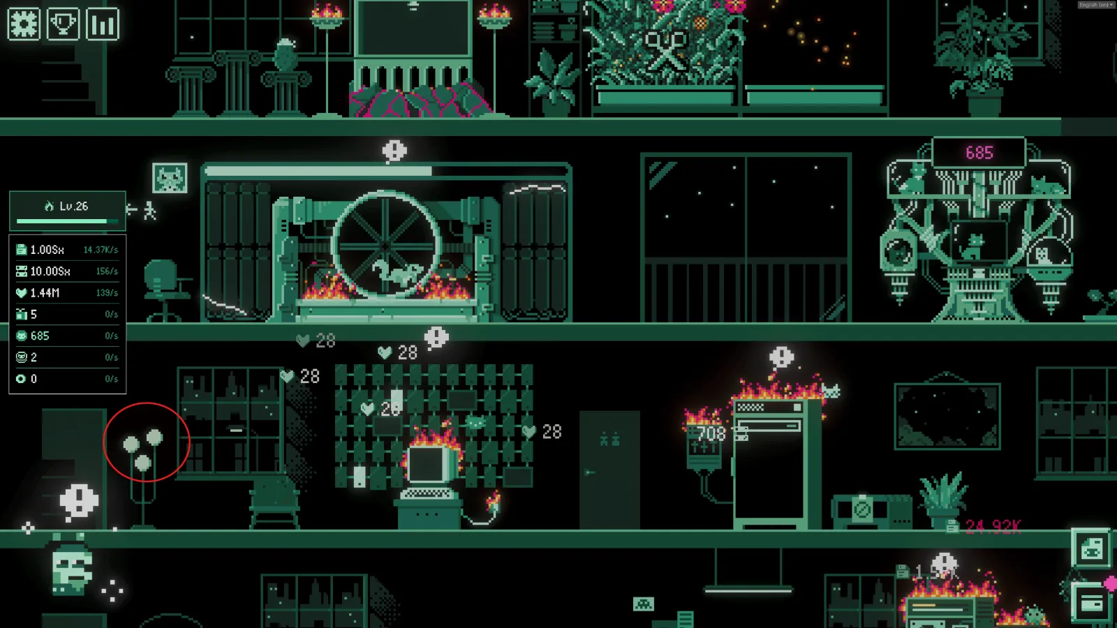 Solving the blinking lightbulb Simon mini-game beside the botfarm in It's Fine