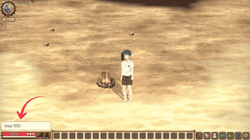 Mad Island input command box at bottom-left corner showing where to enter item spawn codes.