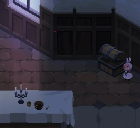 Rubinite chest situated next to the large banquet table in Dining Hall