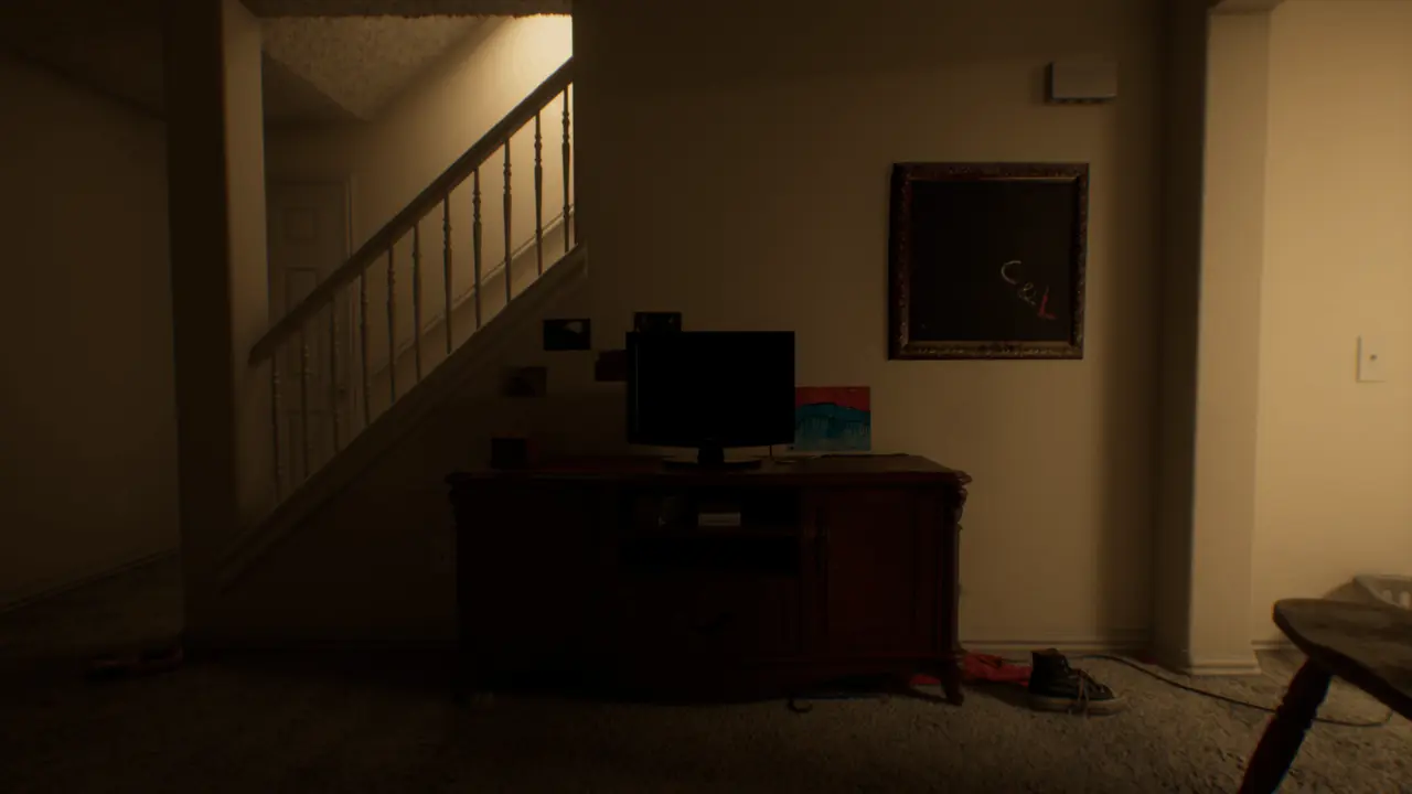 Subliminal basement puzzle showing the TV plug being inserted into the outlet on the floor beside the right room