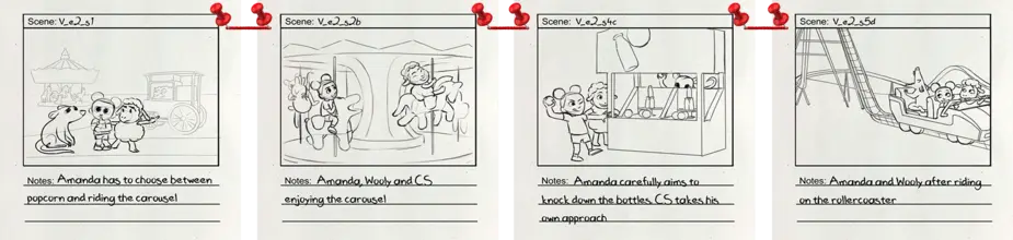 Amanda the Adventurer 3 Office chapter showing arranging storyboards and string connections for Amusement Park tape puzzle.