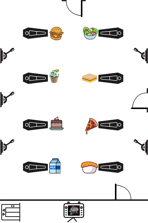 Amanda the Adventurer 3 Pod Room scene showing numbered pods and food matching on bulletin board for Last Meal achievement.