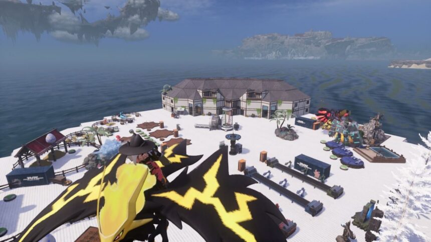 Palworld open-world gameplay screenshot showing base building elements and resource gathering.