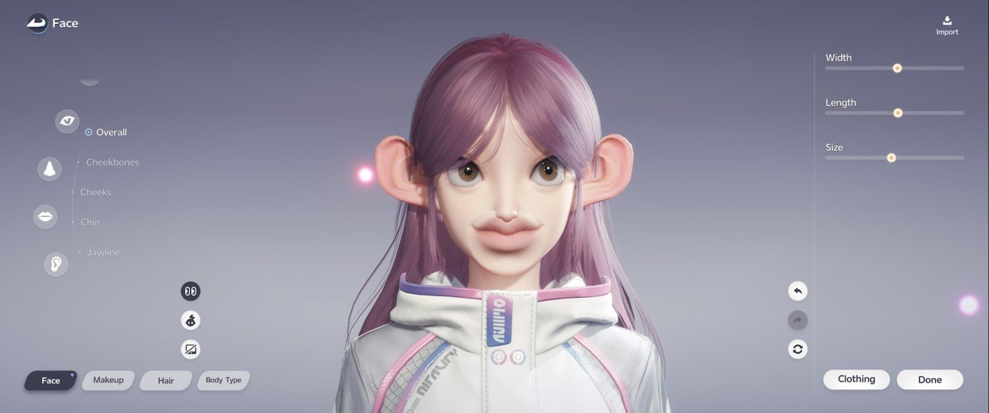 Aniimo character creation screen showing extensive customization options.