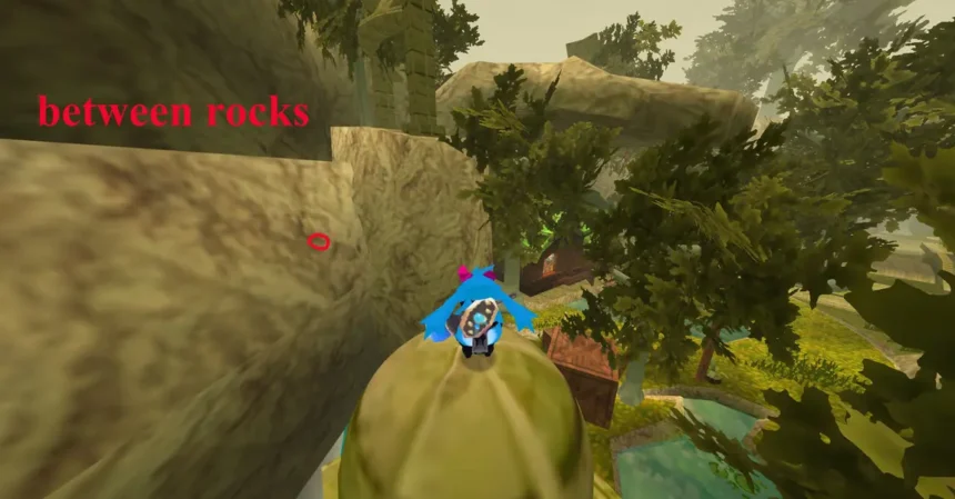 ATLYSS game Sanctum hidden chest behind shop between rocks crevice entrance.