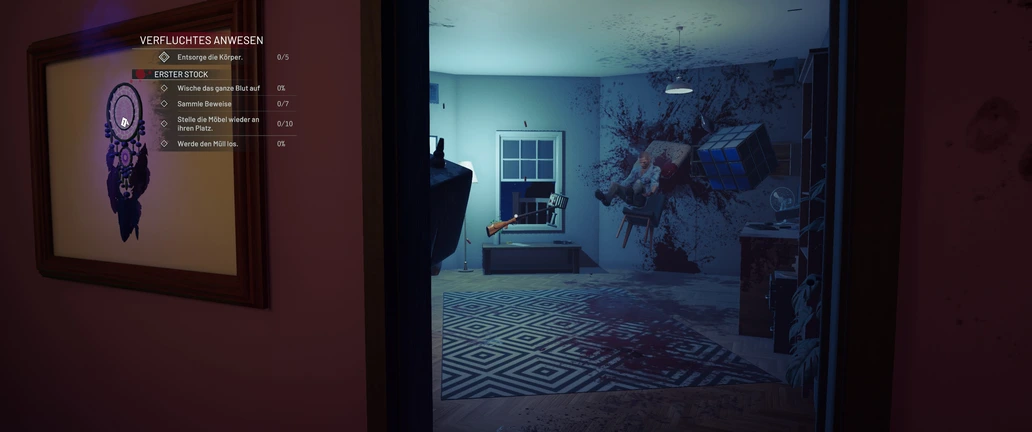 Crime Scene Cleaner Short Circuit disc location with astronaut figure outside window in house room