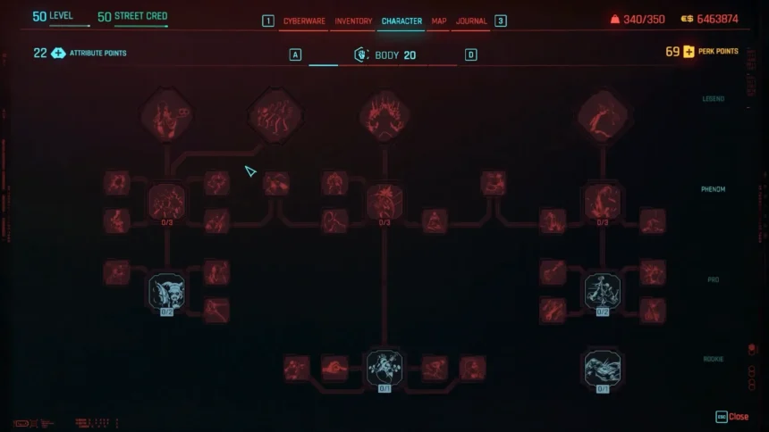 Cyberpunk 2077 gameplay showing Body attribute unlocking turret removal and interaction options.