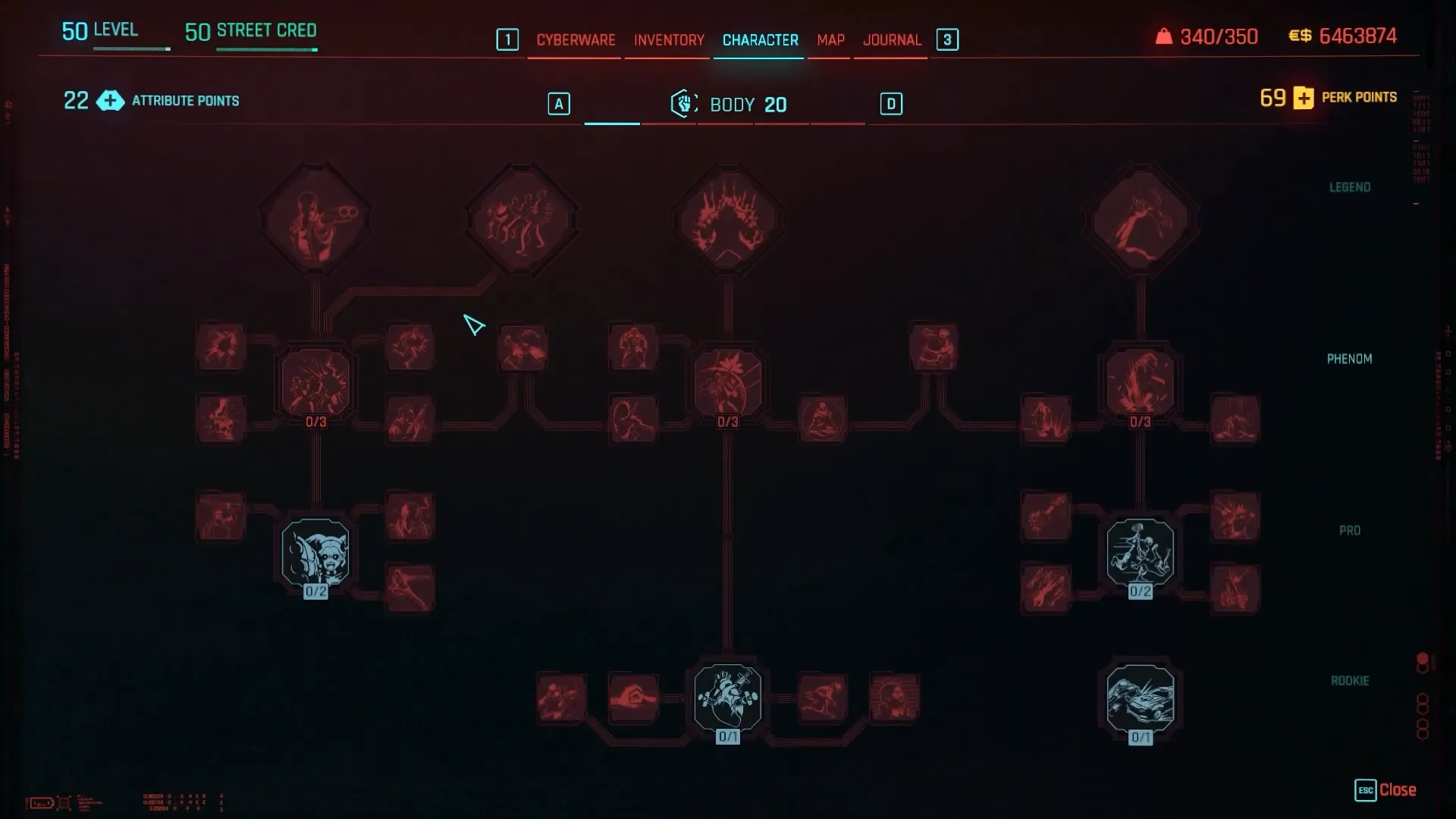 Cyberpunk 2077 gameplay showing Body attribute unlocking turret removal and interaction options.