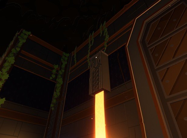 Folded Fables Tidy Up the Black Egg atop lava dispenser near giant gate
