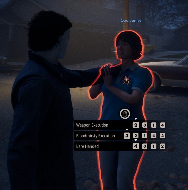 Halloween The Game showing various execution options after grabbing a victim including weapon, bloodthirsty, and bare-handed methods.