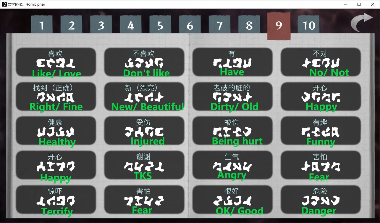Homicipher game menu showing unlockable scenes and endings overview screen.
