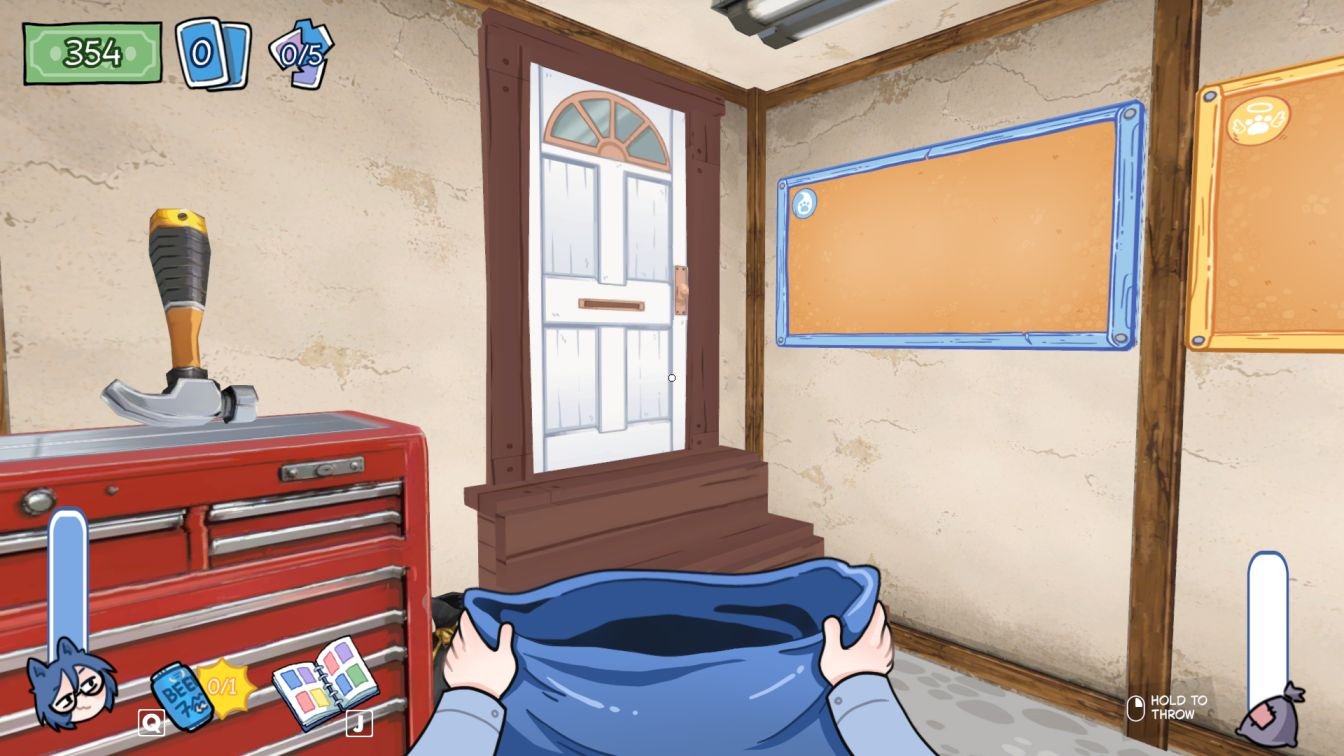 KOTAMON player's character standing near white door inside garage.