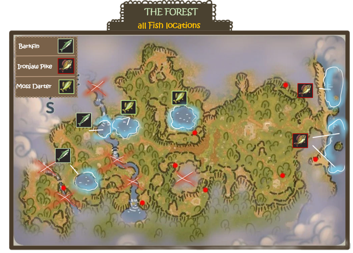 luma island forest fishing area showing barkfin ironjaw pike and moss darter fish