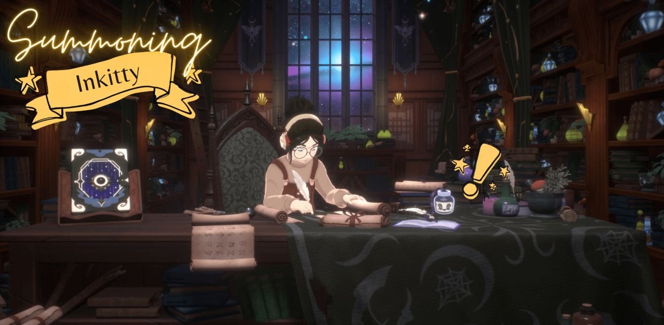 Spirit City Lofi Sessions Magical Library Inkitty writing activity comforting purring sound companion Inkster