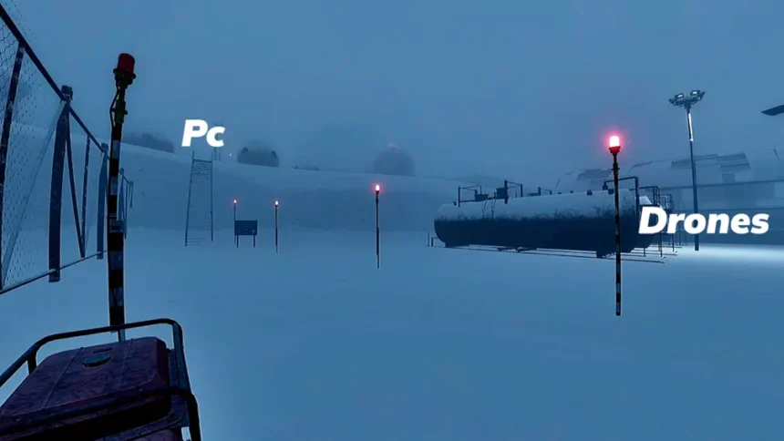 Nuclear Nightmare Airport mission area showing drone setup and PC report location near the generator.