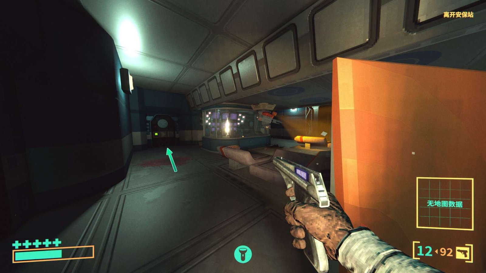 RetroSpace Security Section left room with turret and bench hiding audio log