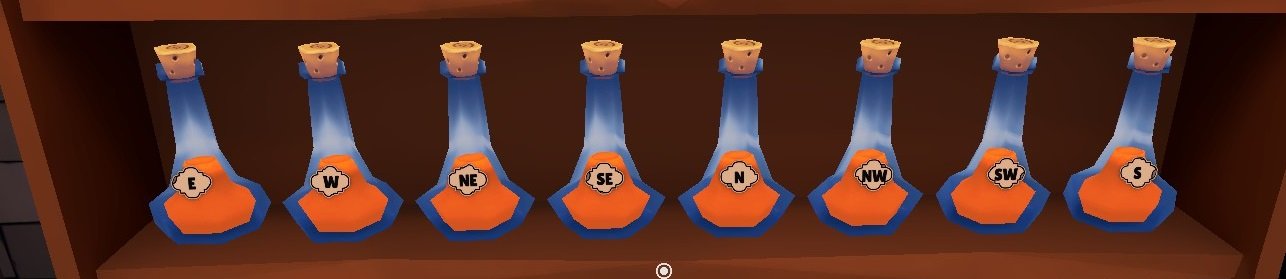 Shelve the Potions! cardinal directions puzzle using compass sequences for bottle placement.