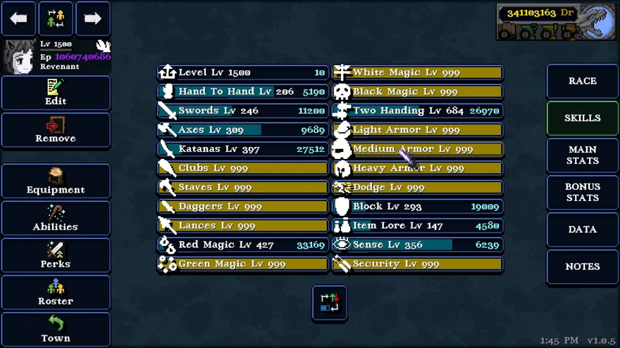 Legends of Dragaea Idle Dungeons Golden Slimes skill leveling showing applicable weapons and magic skill categories