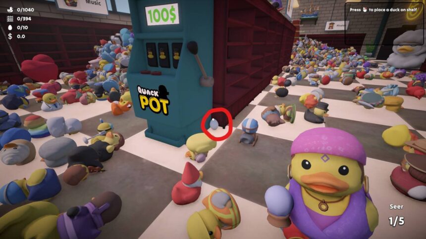 Sort Them Ducks game showing Egg 1 next to Quack Pot machine inside the store