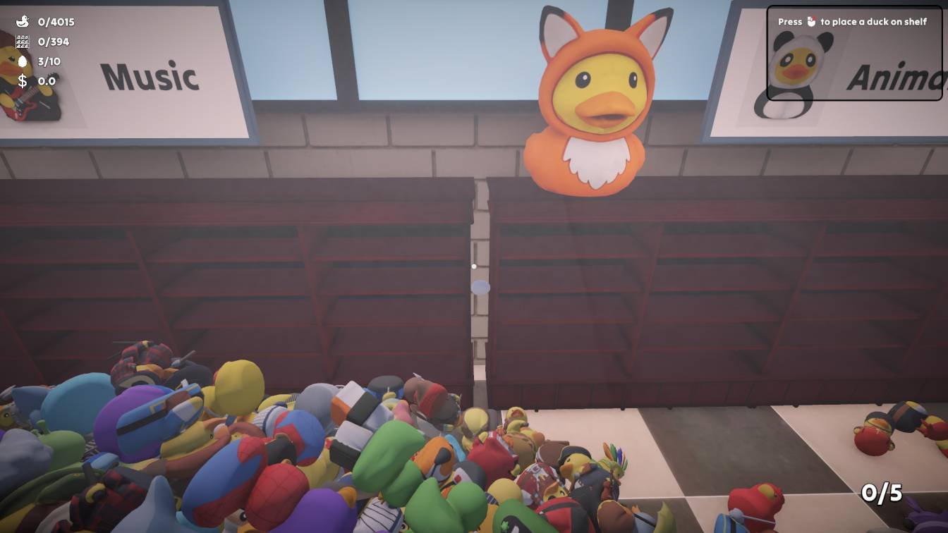 Sort Them Ducks game showing Egg 3 tucked between Music and Animal shelves