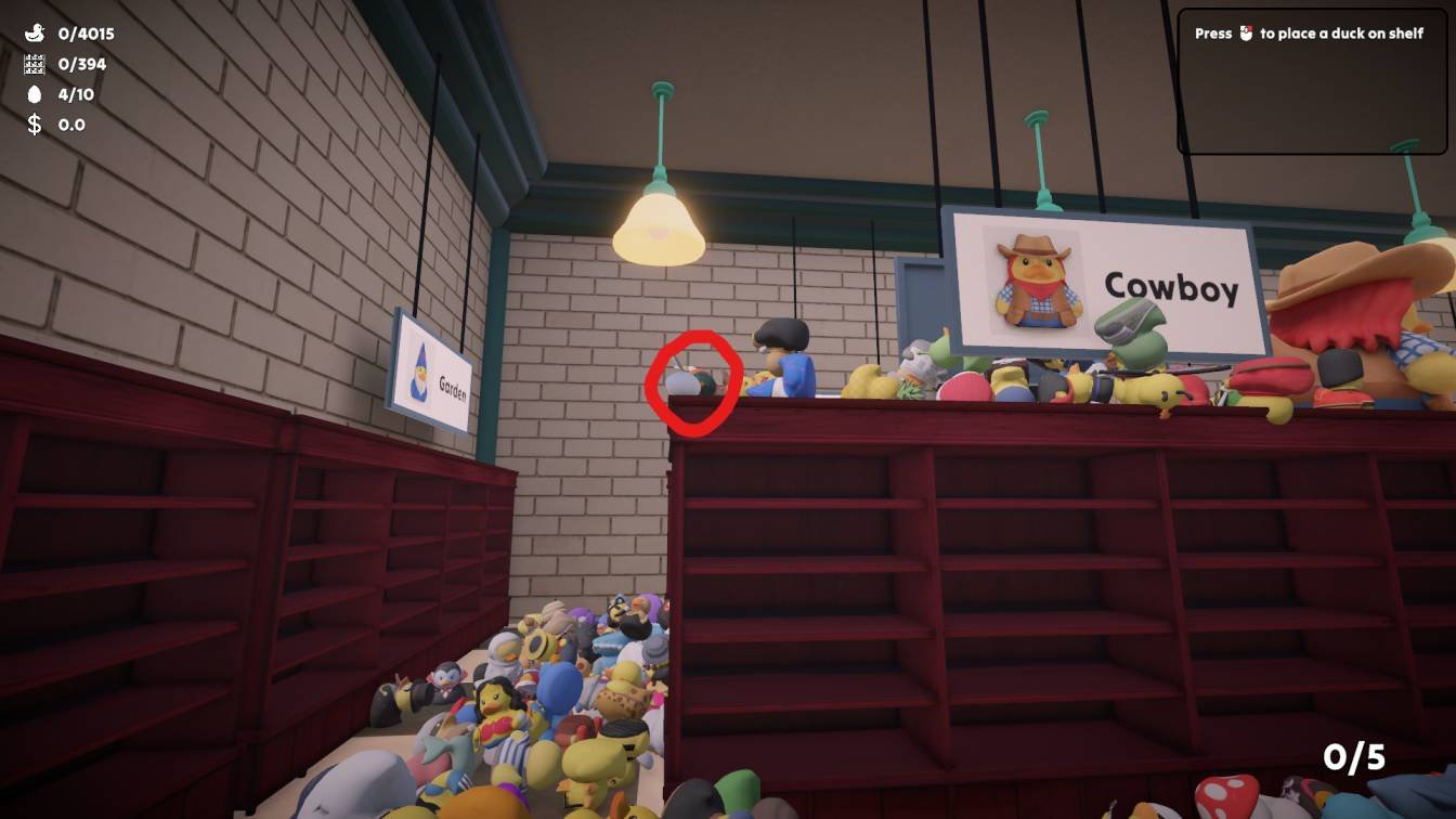 Sort Them Ducks game showing Egg 5 on top of Cowboy shelf