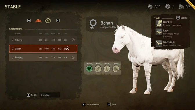 The Legend of Khiimori horse traits screen showing Galloper and Wind Spooked effects.