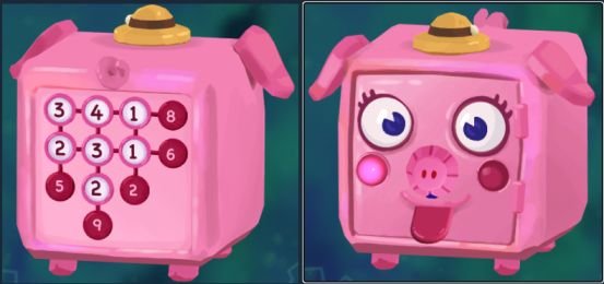 The Mermaid Mask Pig Safe puzzle with Underwater Photo reward in Symmetry and Sinthia’s Bunk