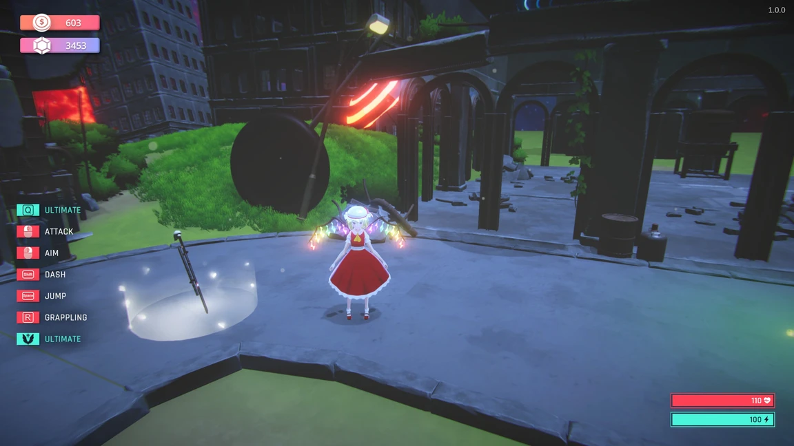touhou dystopian character Flandre preparing a charge attack with balanced offensive stance