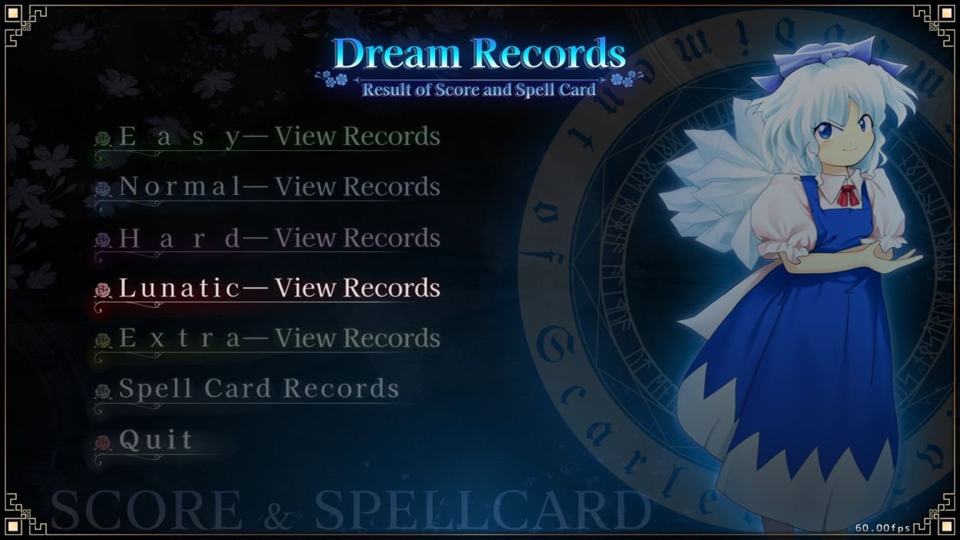 Touhou Koumakyou Lunatic Records menu highlighting 'Lunatic — View Records' option.