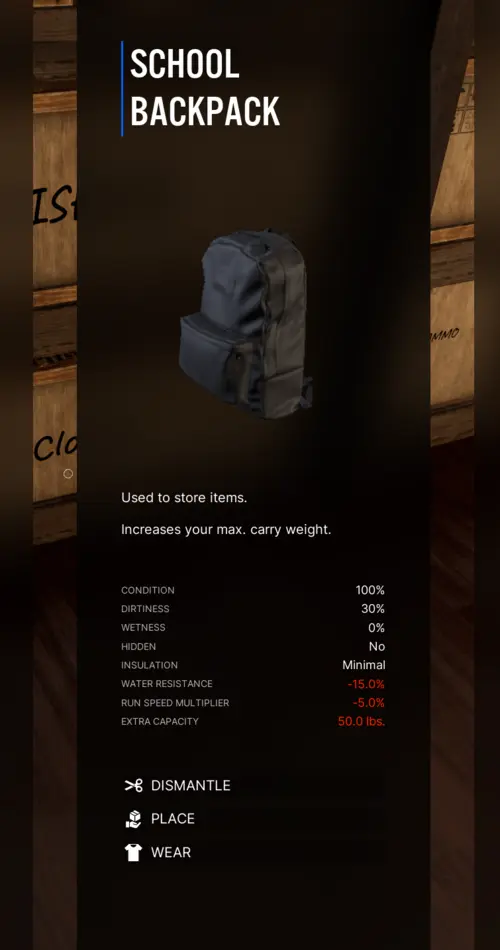 VEIN backpacks menu showing types and weight capacities including School Backpack and Combat Pack.