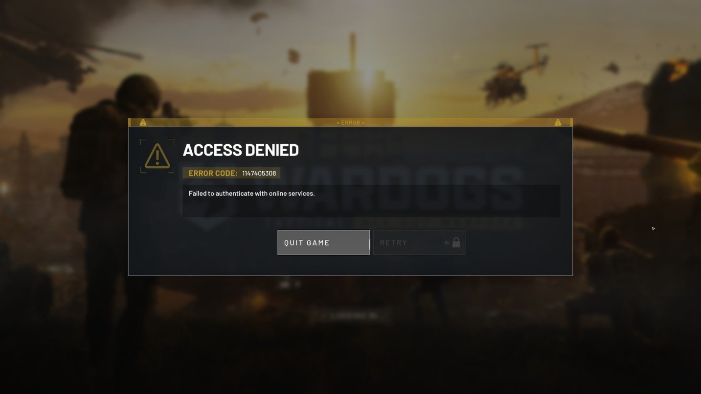 WARDOGS in-game display showing error 1147405308 on connection failure screen