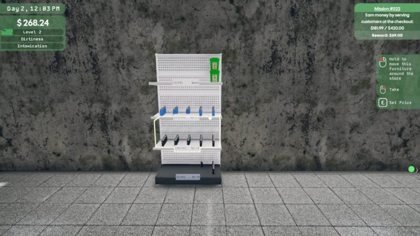 Weed Supermarket Simulator setting product lowest price interface with shelves full of items.