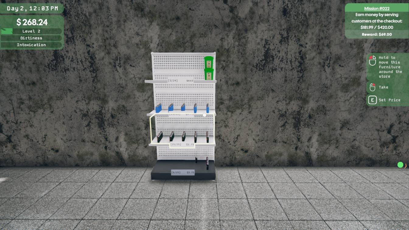 Weed Supermarket Simulator setting product lowest price interface with shelves full of items.