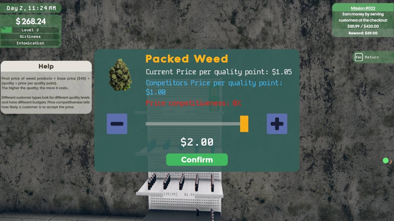 Weed Supermarket Simulator player adjusting product price to highest value on shelf.