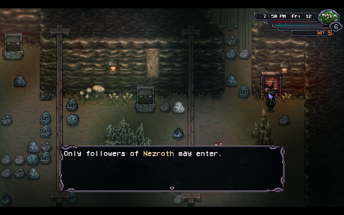 Welcome to Elderfield Nezroth room inside Mall Mines showcasing Blood of the Gods and healing items.