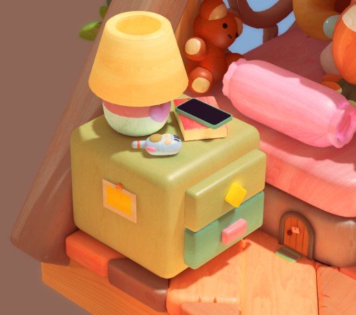 Woodo first Walkie-Talkie on table near lamp in The Dusty Den