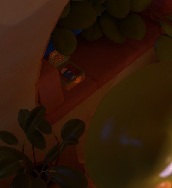 Woodo Tiny Monk inside small chest on window shelf behind Ben in Goodbye level